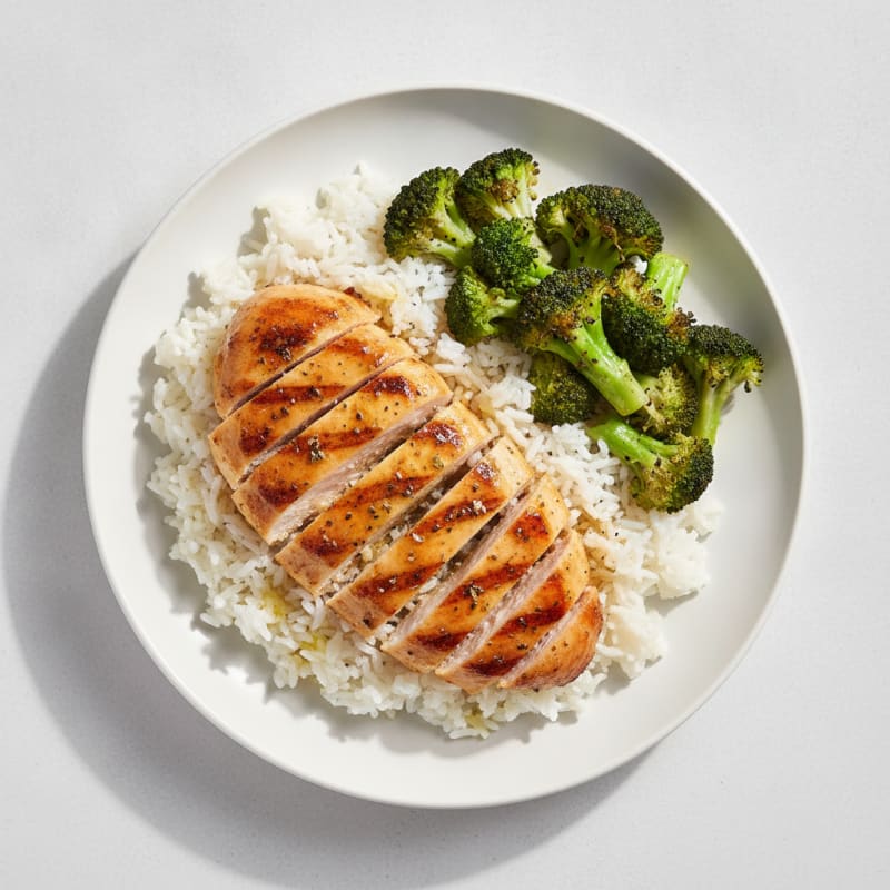 Grilled Chicken Breast with Steamed Broccoli and White Rice