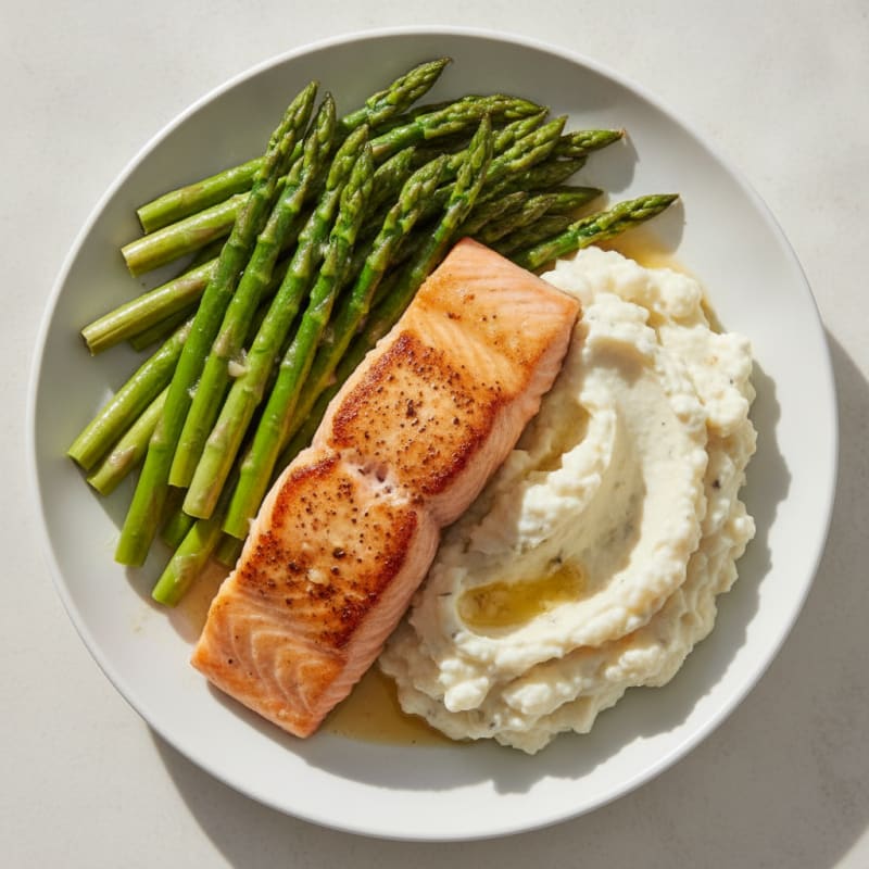 Seared Salmon with Steamed Asparagus and Cauliflower Mash