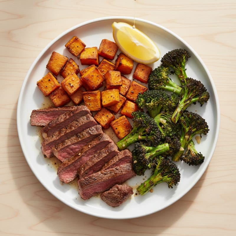Seared Lean Beef Strips with Roasted Broccoli and Sweet Potato