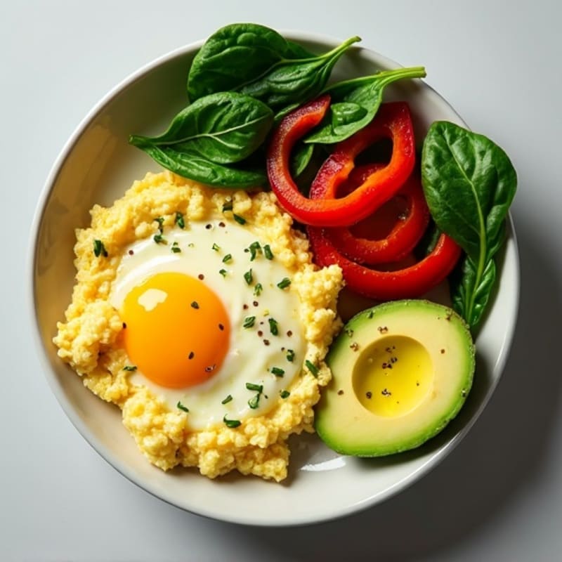 Fluffy Scrambled Eggs with Sautéed Spinach, Bell Peppers, and Sliced Avocado