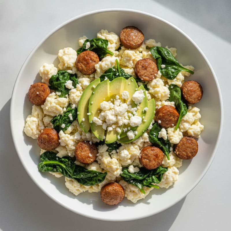 Egg White Scramble with Turkey Sausage and Sautéed Spinach