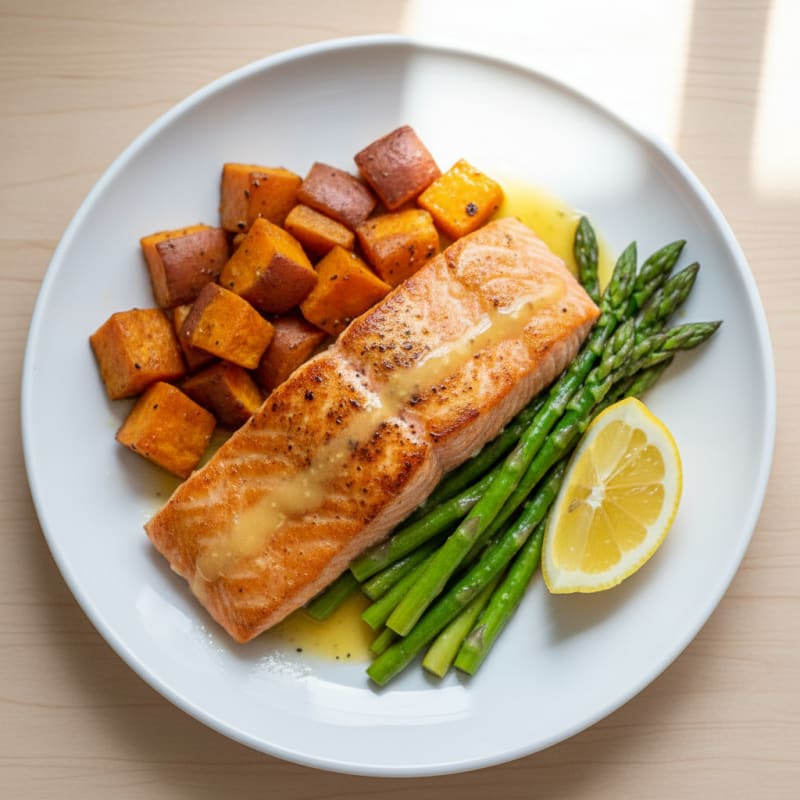 Seared Salmon with Roasted Sweet Potatoes and Asparagus
