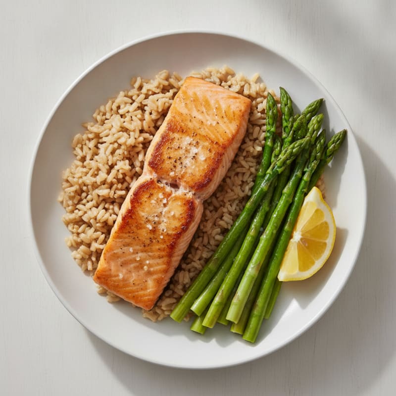 Seared Salmon with Steamed Asparagus and Brown Rice