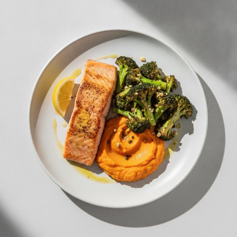 Seared Salmon with Roasted Broccoli and Sweet Potato Mash