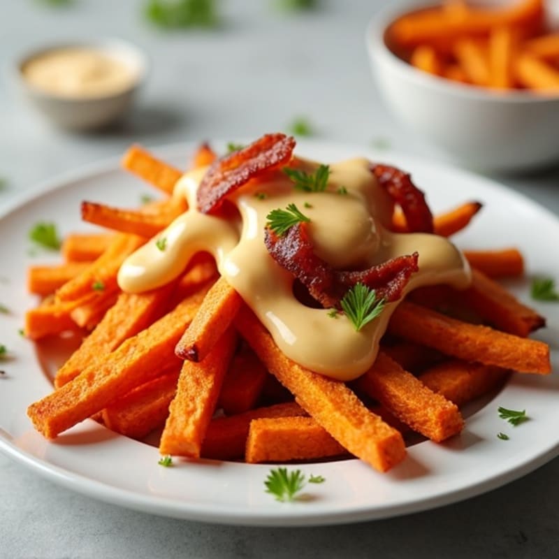 Crispy Sweet Potato Fries with Smoky Bacon and Creamy Cheddar Sauce