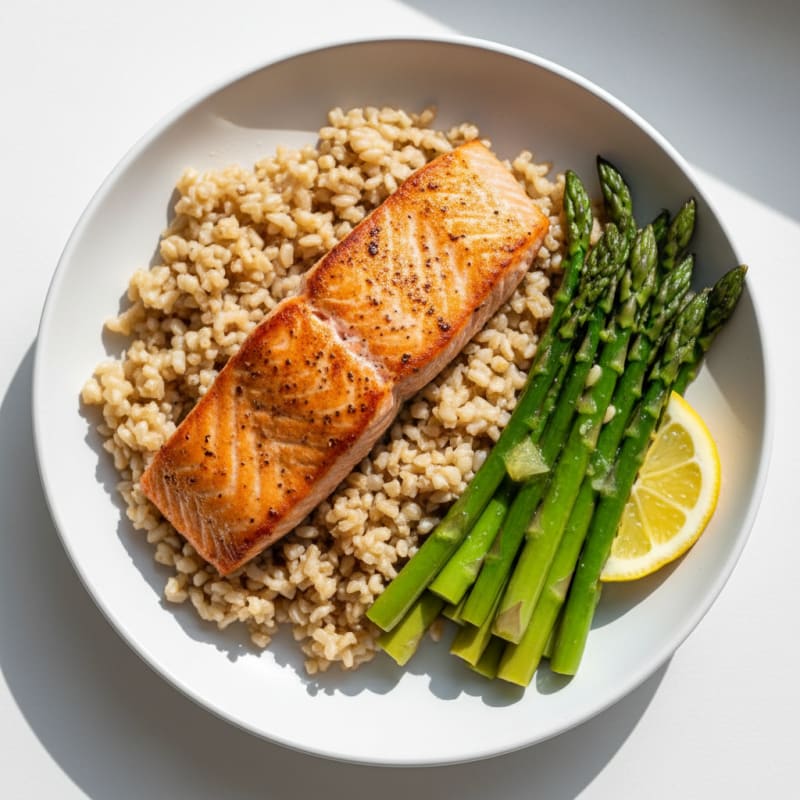 Seared Salmon with Steamed Asparagus and Brown Rice