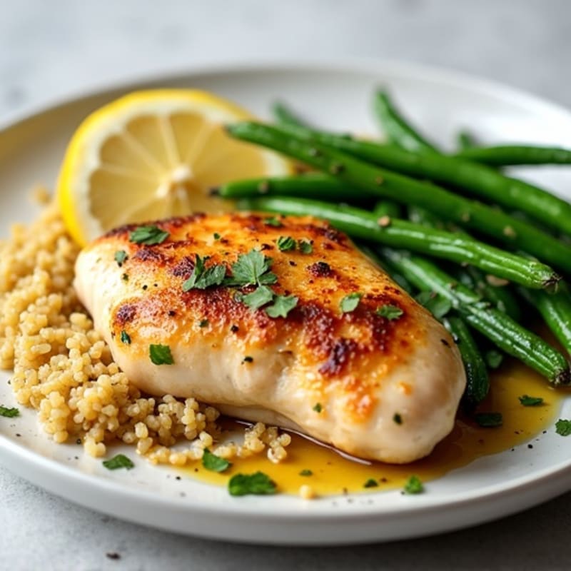 Lemon-Herb Roasted Chicken with Crispy Green Beans and Quinoa