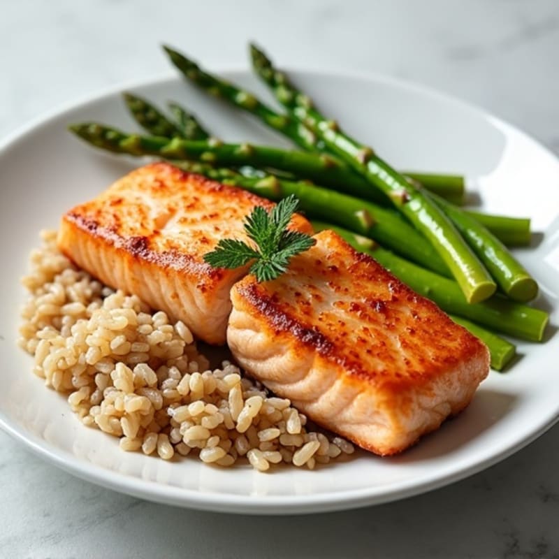 Seared Salmon Fillet with Steamed Asparagus and Brown Rice