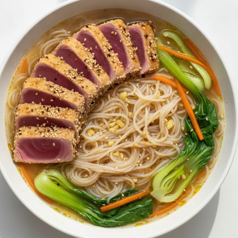 Seared Tuna Rice Noodle Bowl with Savory Broth