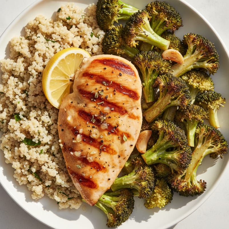 Grilled Lemon-Garlic Chicken Breast with Quinoa and Roasted Broccoli