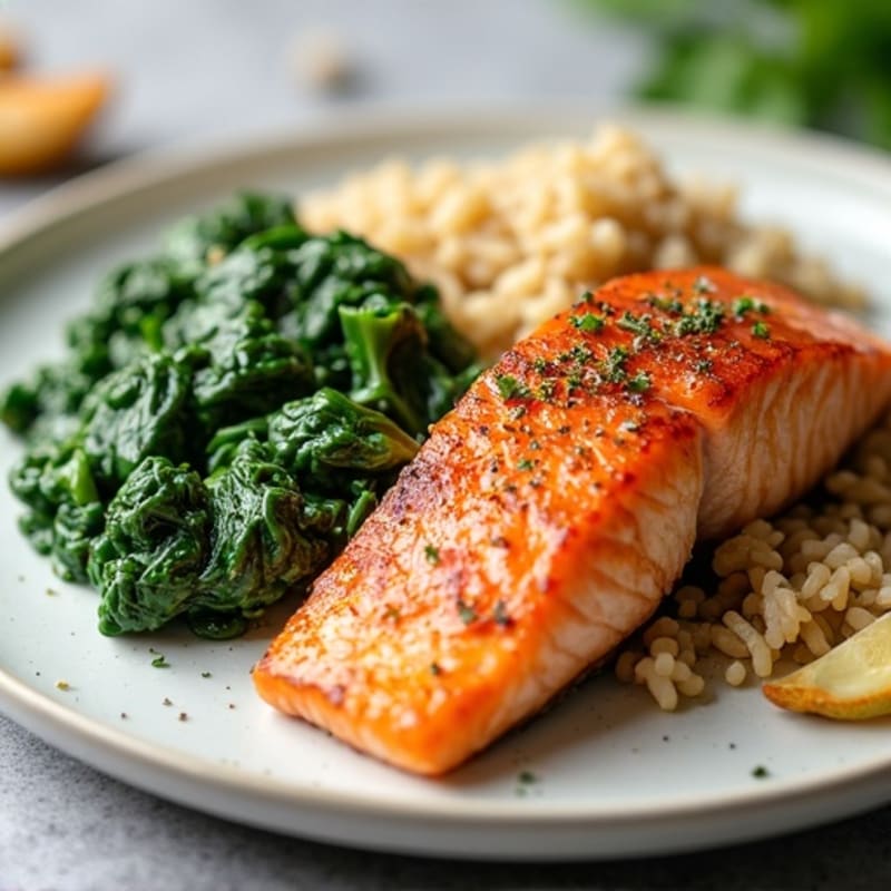Seared Salmon with Creamy Spinach and Brown Rice