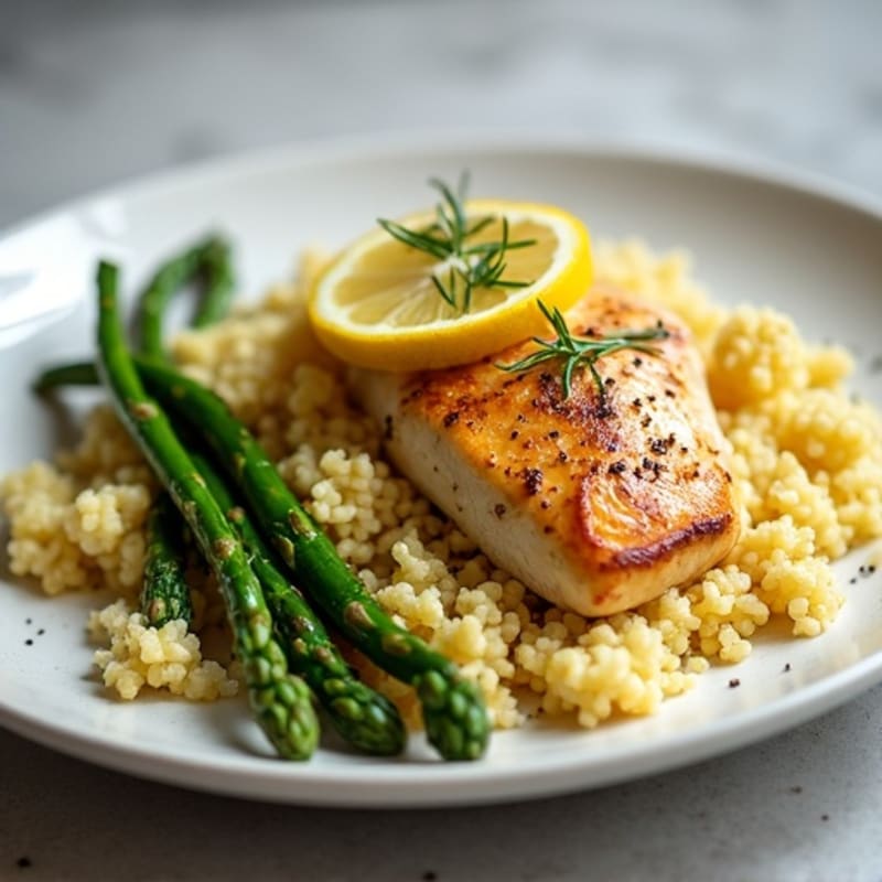 Lemon Garlic Pan-Seared Chicken with Sautéed Cauliflower Rice and Roasted Asparagus