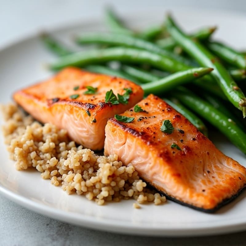 Seared Salmon with Garlic Green Beans and Brown Rice