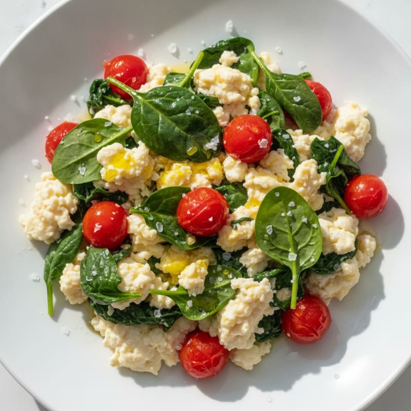 Egg White Spinach Scramble with Cherry Tomatoes