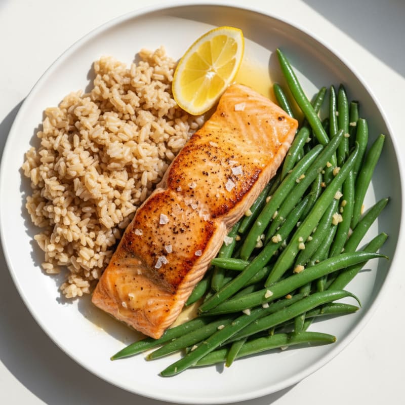 Seared Salmon with Steamed Green Beans and Brown Rice