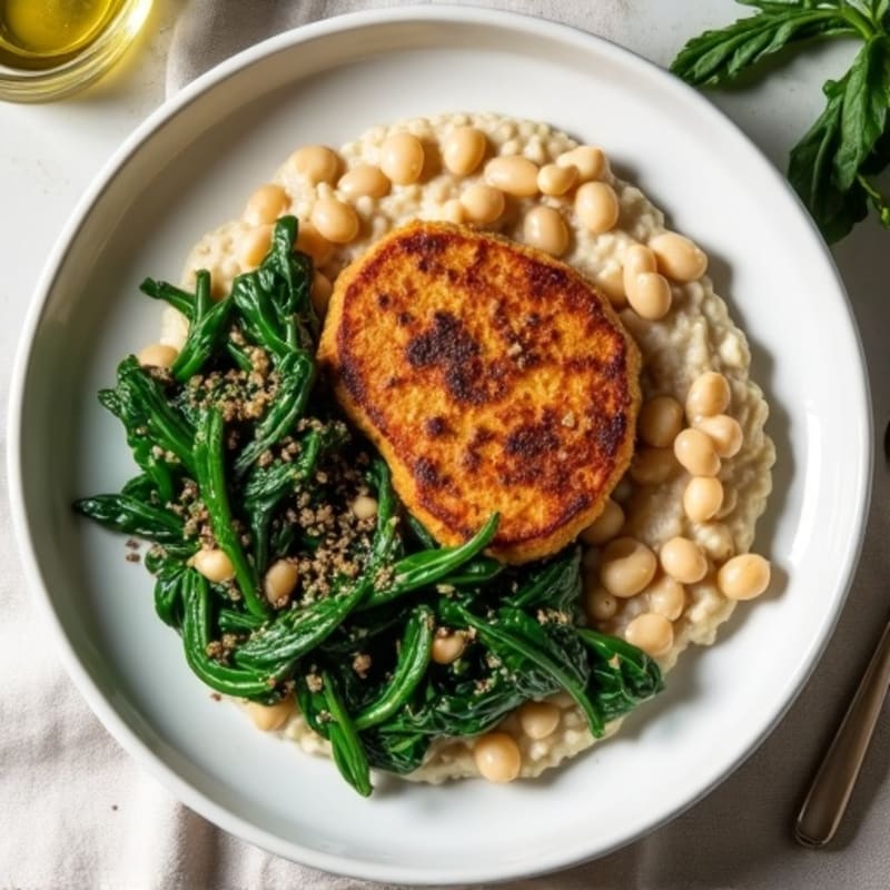 Seared Tempeh Steaks with Garlicky Spinach and White Bean Mash