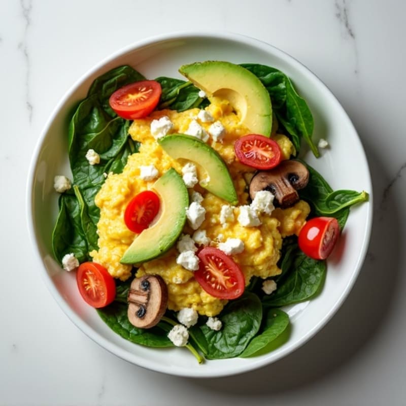 Egg White and Spinach Scramble with Sautéed Mushrooms and Cherry Tomatoes