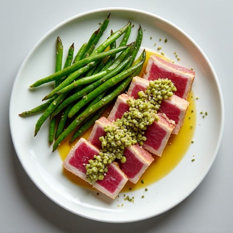Seared Ahi Tuna with Wasabi Mayo and Crispy Sesame Green Beans