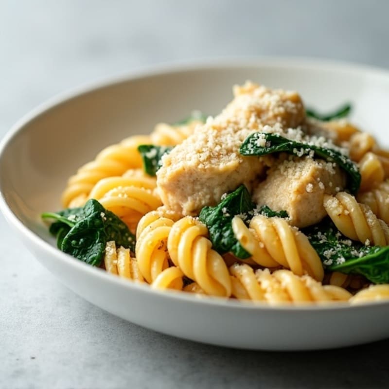 Lighter Creamy Garlic Parmesan Chicken Pasta with Spinach