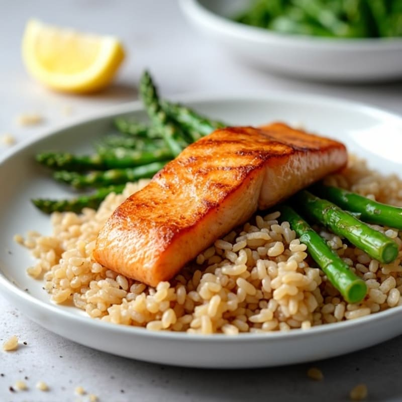 Seared Salmon with Steamed Asparagus and Brown Rice