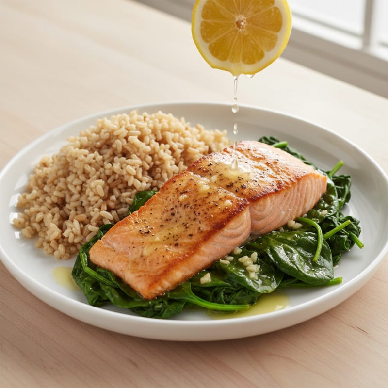 Seared Salmon with Garlic Spinach and Brown Rice