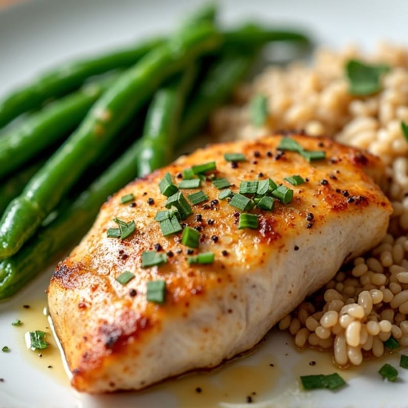 Herb-Baked Chicken Breast with Brown Rice and Green Beans