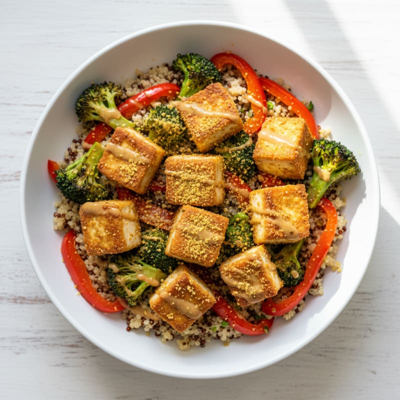 Crispy Tofu Power Bowl with Quinoa and Roasted Vegetables