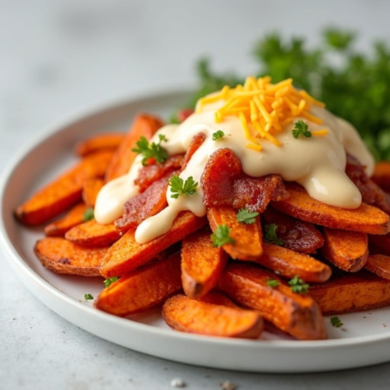 Crispy Roasted Sweet Potato Fries with Lean Bacon Crumbles and Creamy Cheesy Sauce