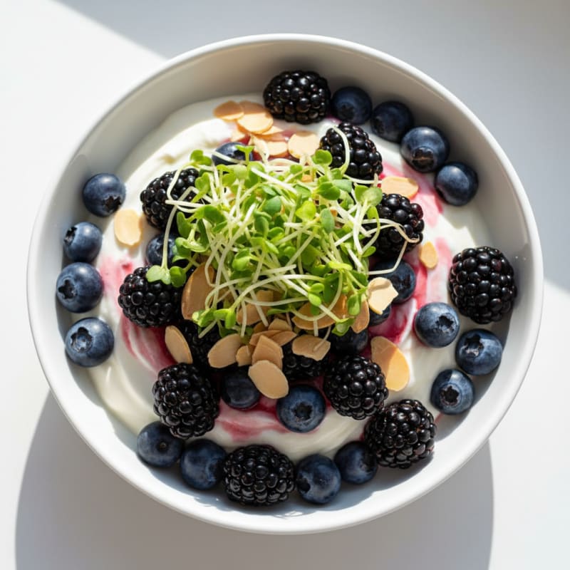 Greek Yogurt Parfait with Blueberries, Blackberries, and Broccoli Sprouts