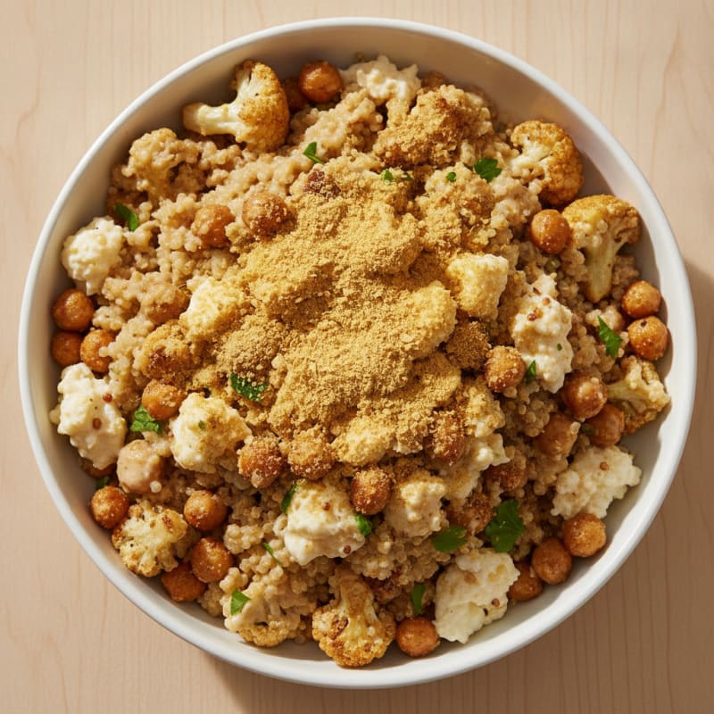 Chickpea and Quinoa Power Bowl with Roasted Vegetables and Lemon Tahini Dressing