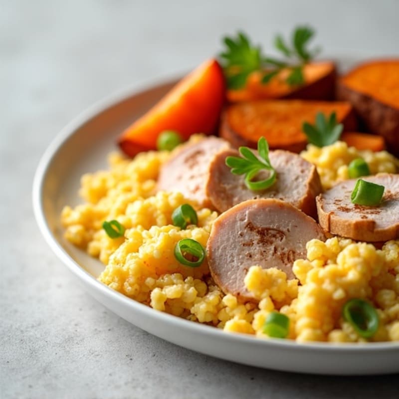 Egg White and Smoked Turkey Scramble with Roasted Sweet Potatoes