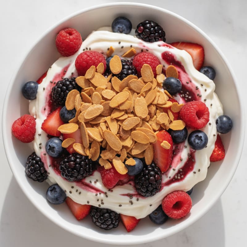 Greek Yogurt Protein Parfait with Mixed Berries and Almonds