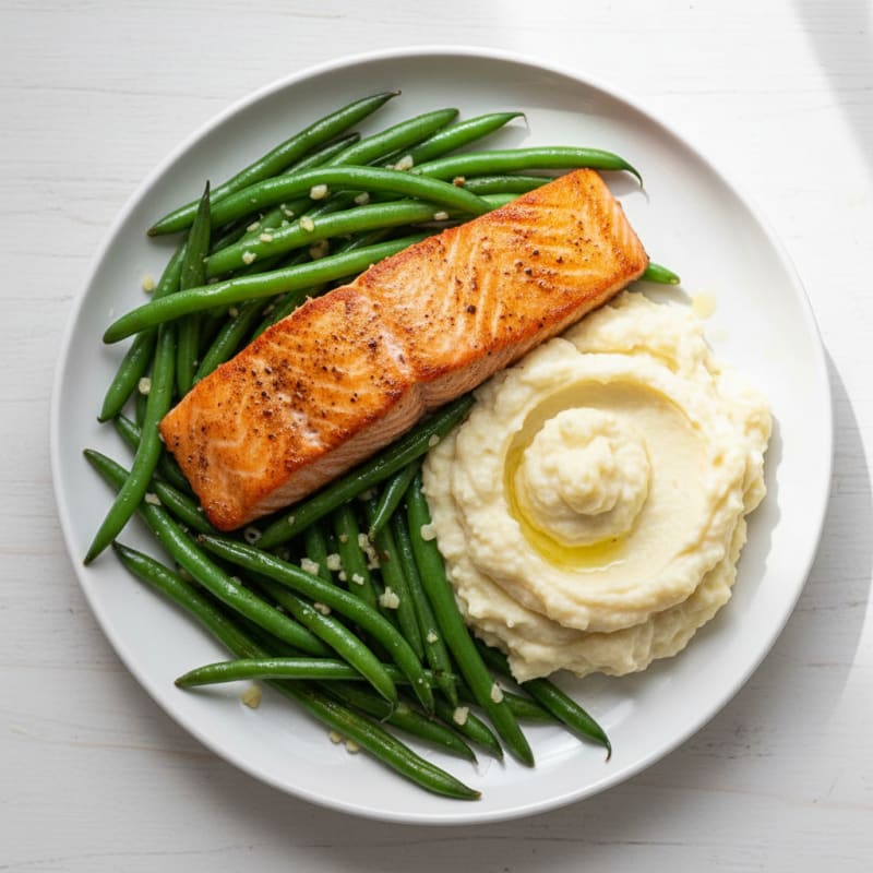 Seared Salmon with Garlic Green Beans and Cauliflower Mash
