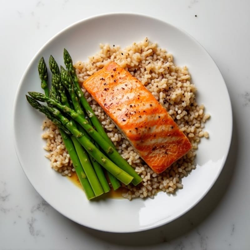 Seared Salmon Fillet with Steamed Asparagus and Brown Rice