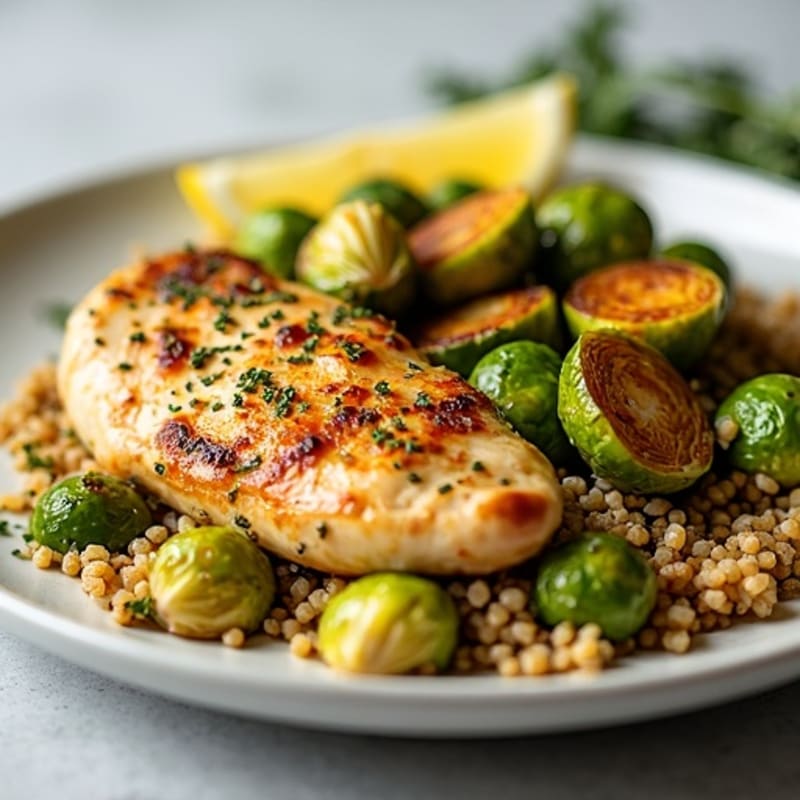 Lemon-Herb Roasted Chicken with Crispy Brussels Sprouts and Quinoa