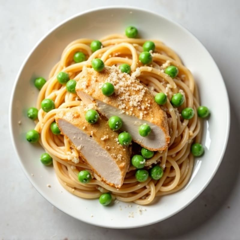Creamy Chicken Carbonara with Whole Wheat Spaghetti and Peas