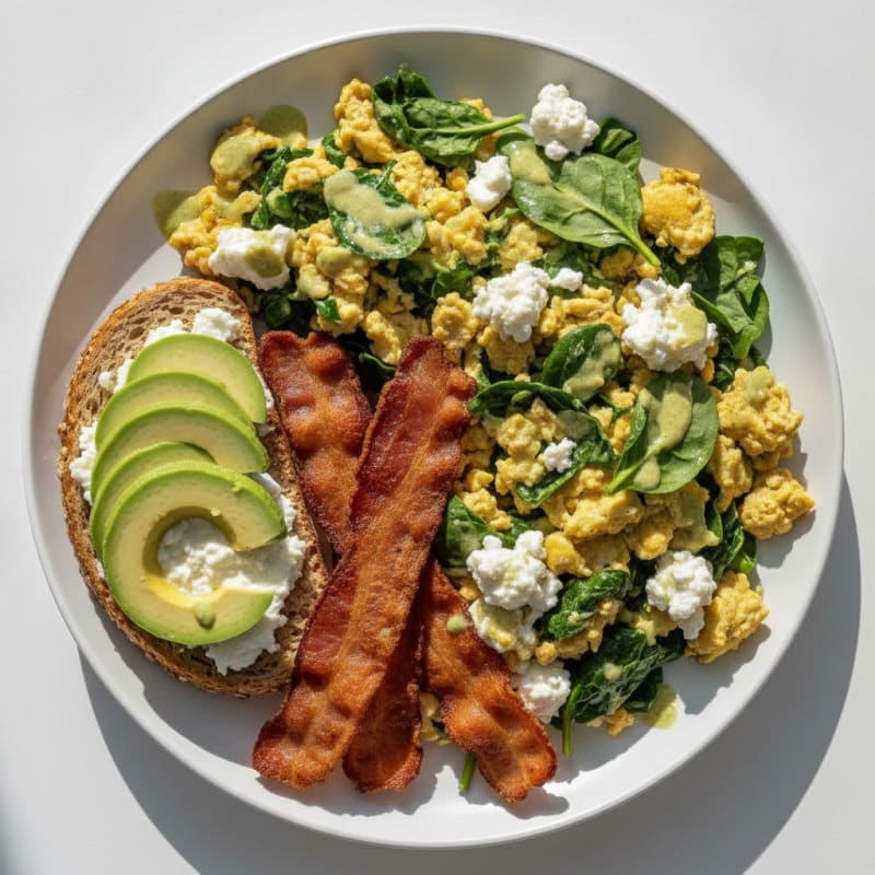 Cottage Cheese Scramble with Spinach and Turkey Bacon