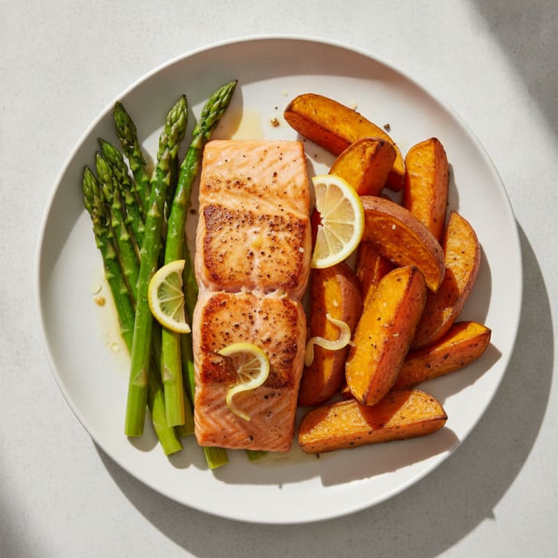 Seared Salmon with Roasted Sweet Potatoes and Asparagus