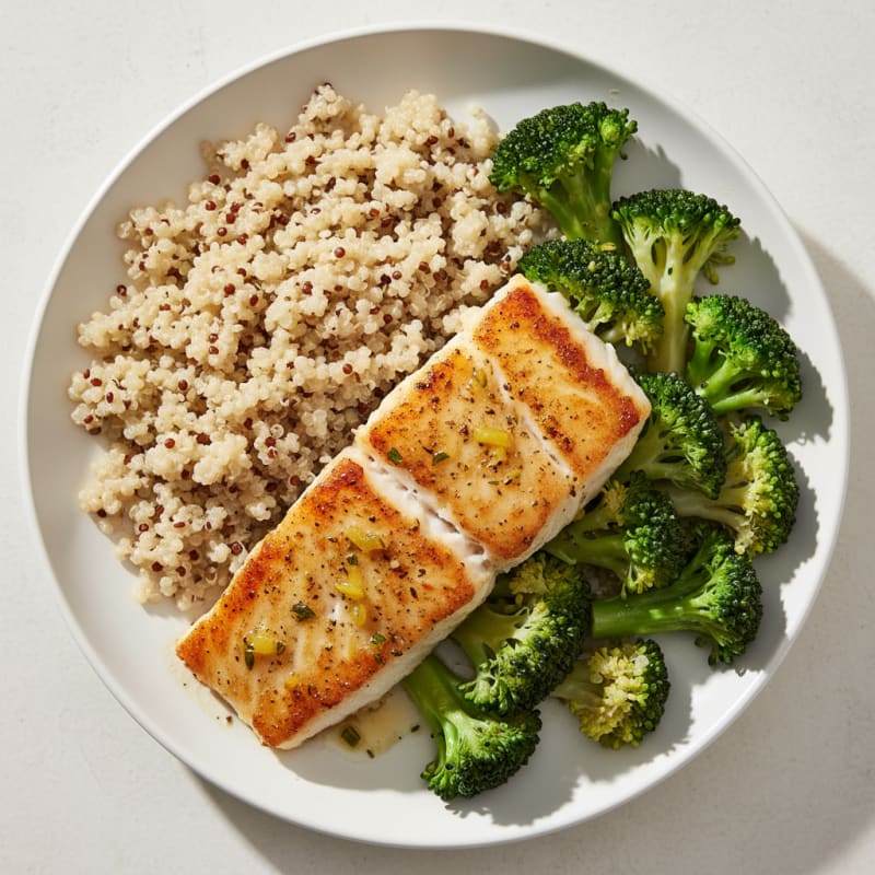 Seared Cod with Steamed Broccoli and Quinoa