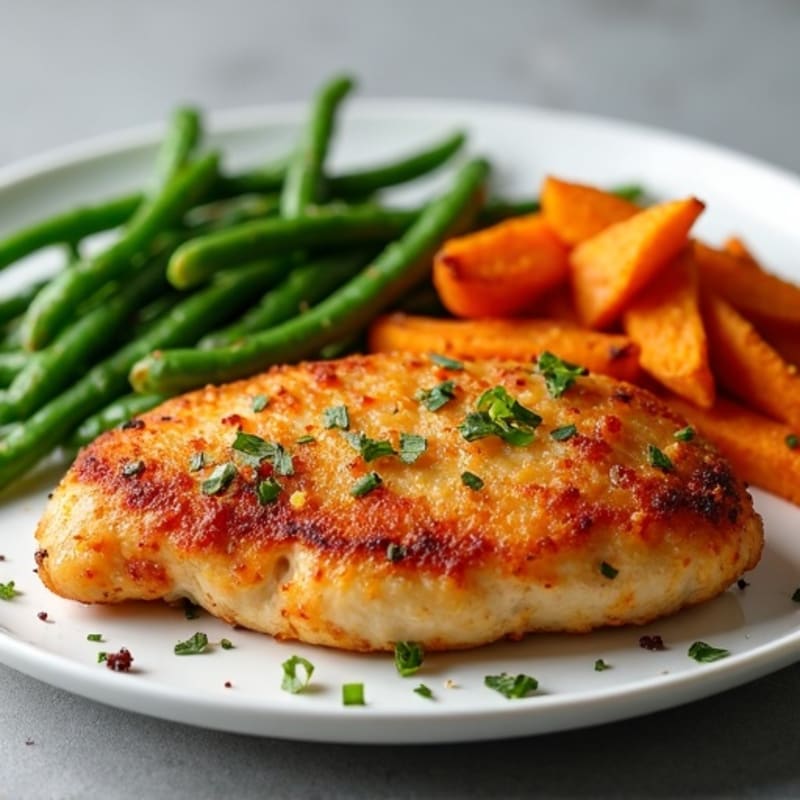 Crispy Baked Chicken with Roasted Sweet Potato Fries and Garlicky Green Beans