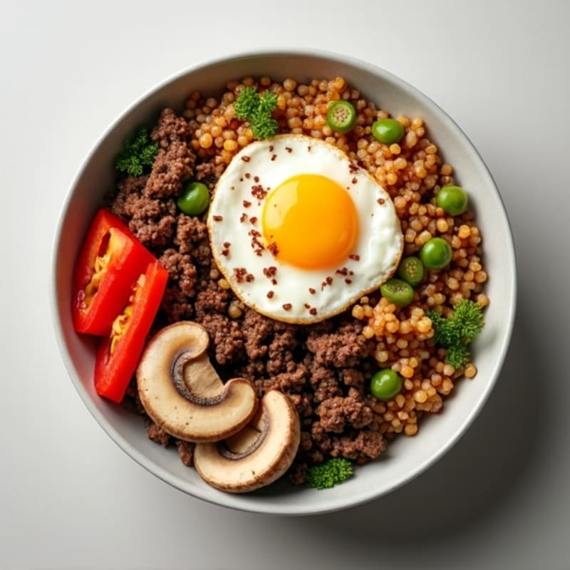 Ground Beef and Bell Pepper Quinoa Bowl with Roasted Mushrooms