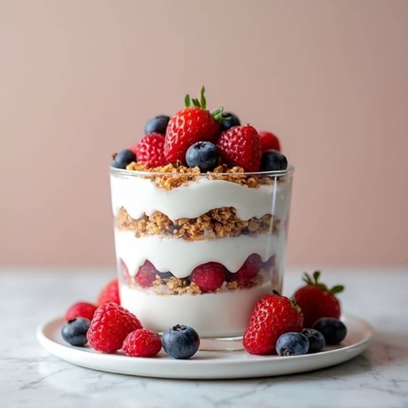 Greek Yogurt Parfait with Crunchy Almond Granola and Mixed Berries