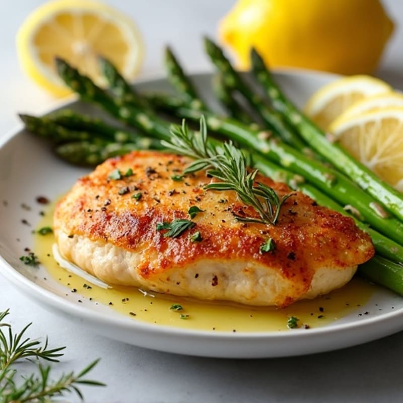 Crispy Pan-Seared Lemon-Herb Chicken Breast with Roasted Asparagus