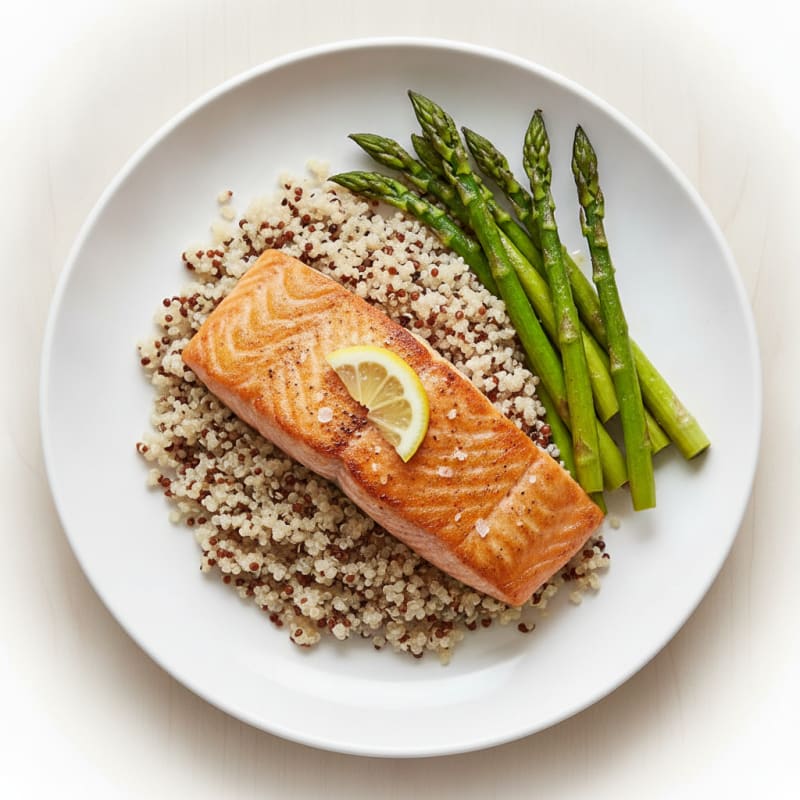Seared Salmon Fillet with Roasted Asparagus and Quinoa