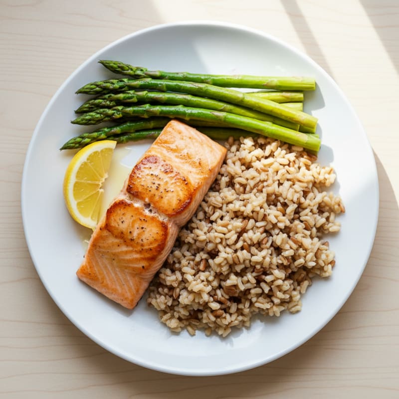Seared Salmon with Steamed Asparagus and Brown Rice
