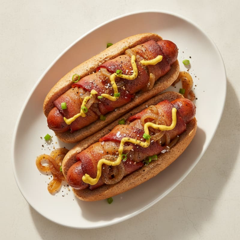 Bacon-Wrapped Hot Dogs with Caramelized Onions