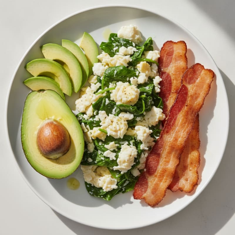 Scrambled Egg Whites with Sautéed Spinach and Turkey Bacon