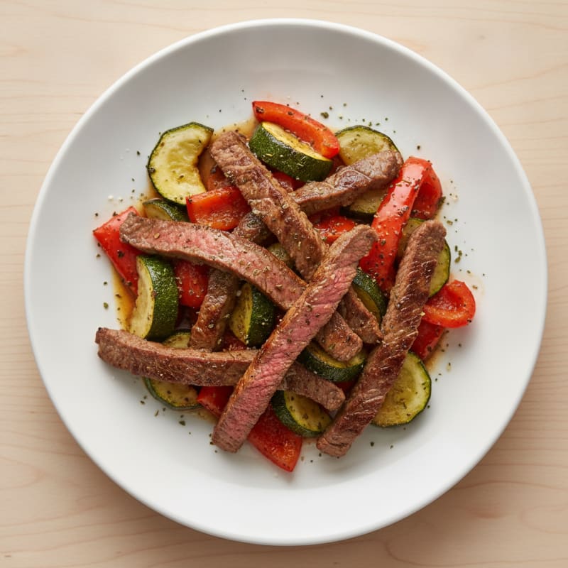 Seared Lean Beef Strips with Roasted Zucchini and Bell Peppers