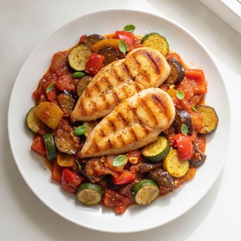 Roasted Vegetable Provencal Ratatouille with Seared Chicken