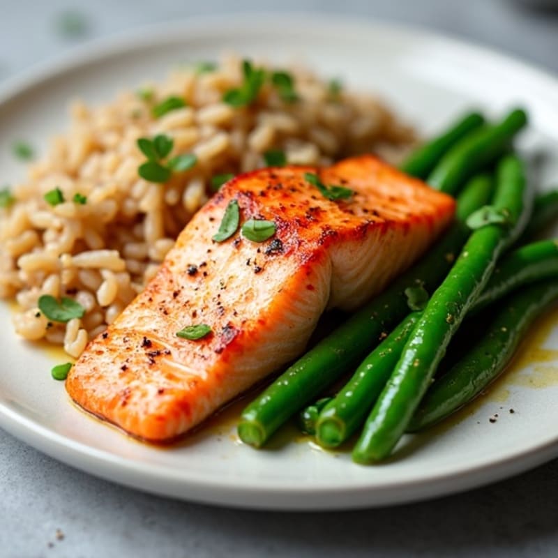 Seared Salmon with Garlic Green Beans and Brown Rice